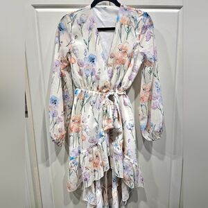 Floral Watercolor Tie-Waist Wrap Dress - White with Pastel Florals